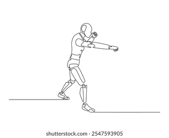 Continuous line drawing art of Humanoid robot fight pose. Cyborg in single line draw with editable stroke.