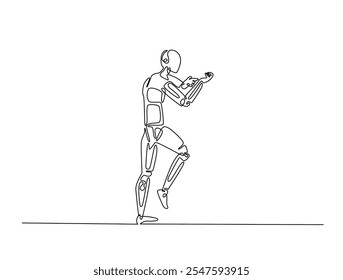 Continuous line drawing art of Humanoid robot fight pose. Cyborg in single line draw with editable stroke.