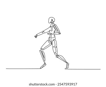 Continuous line drawing art of Humanoid robot fight pose. Cyborg in single line draw with editable stroke.
