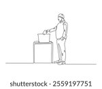 Continuous line drawing art of male voter placing ballot in ballot box polling place, election day concept. 