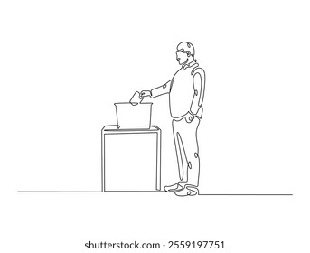 Continuous line drawing art of male voter placing ballot in ballot box polling place, election day concept. 