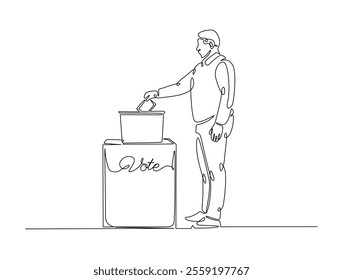 Continuous line drawing art of male voter placing ballot in ballot box polling place, election day concept. 