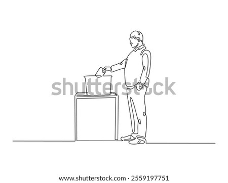 Continuous line drawing art of male voter placing ballot in ballot box polling place, election day concept. 