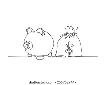 Continuous line drawing art of money bag and piggy bank. Business and finance concept illustration. editable stroke.