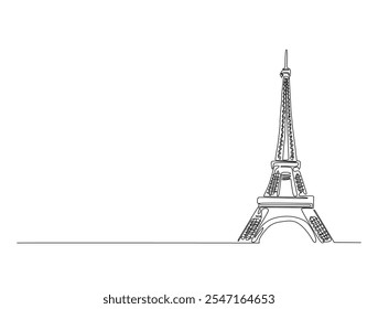 Desenho de linha contínua da Torre Eiffel de Paris. Desenho de linha única com traço ativo.