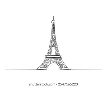 Desenho de linha contínua da Torre Eiffel de Paris. Desenho de linha única com traço ativo.