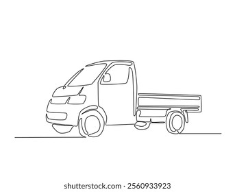 Continuous line drawing art of pickup truck in the road. Pickup car illustration in simple outline design. Editable stroke vector.