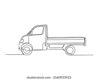 Continuous line drawing art of pickup truck in the road. Pickup car illustration in simple outline design. Editable stroke vector.