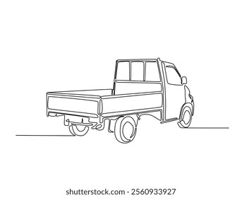 Continuous line drawing art of pickup truck in the road. Pickup car illustration in simple outline design. Editable stroke vector.
