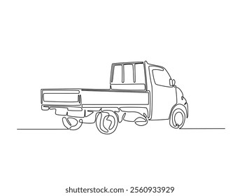 Continuous line drawing art of pickup truck in the road. Pickup car illustration in simple outline design. Editable stroke vector.