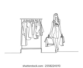 Continuous line drawing art of pretty woman holding paper bags after shopping. Fashion and shopping concept in single line illustration.