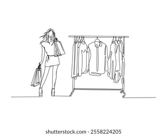 Continuous line drawing art of pretty woman holding paper bags after shopping. Fashion and shopping concept in single line illustration.