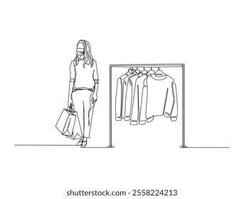 Continuous line drawing art of pretty woman holding paper bags after shopping. Fashion and shopping concept in single line illustration.