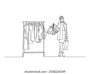 Continuous line drawing art of pretty woman holding paper bags after shopping. Fashion and shopping concept in single line illustration.