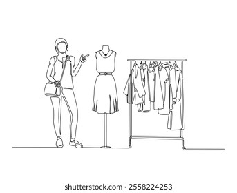 Continuous line drawing art of pretty woman holding paper bags after shopping. Fashion and shopping concept in single line illustration.