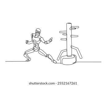 Continuous line drawing art of robot training with wing chun dummy. cyborg practicing martial arts illustration, editable stroke.