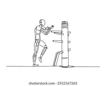 Desenho de linha contínua arte do robô treinamento com asa chun manequim. cyborg praticando artes marciais ilustração, curso editável.