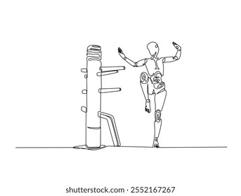 Continuous line drawing art of robot training with wing chun dummy. cyborg practicing martial arts illustration, editable stroke.