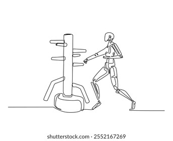 Continuous line drawing art of robot training with wing chun dummy. cyborg practicing martial arts illustration, editable stroke.