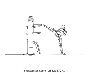 Continuous line drawing art of robot training with wing chun dummy. cyborg practicing martial arts illustration, editable stroke.