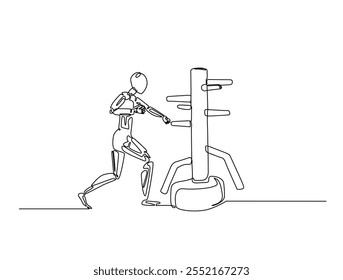 Continuous line drawing art of robot training with wing chun dummy. cyborg practicing martial arts illustration, editable stroke.