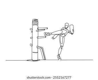 Continuous line drawing art of robot training with wing chun dummy. cyborg practicing martial arts illustration, editable stroke.