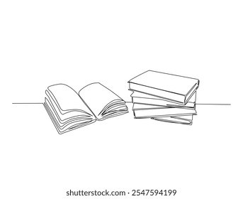 Continuous line drawing art of student books. Stack of books in single line draw with active stroke.