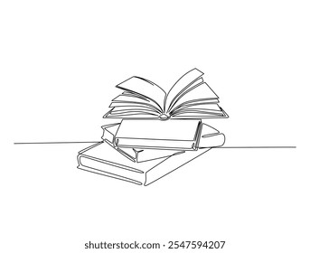 Continuous line drawing art of student books. Stack of books in single line draw with active stroke.
