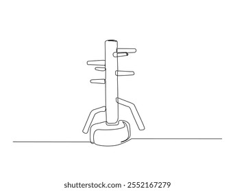 Continuous line drawing art of wing chun dummy for fight training. wooden dummy martial arts equipment in single line draw with editable stroke.