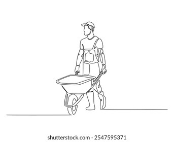 Continuous line drawing art of worker walking with wheelbarrow. Man pushing wheelbarrow in single line draw with editable stroke.
