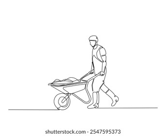 Continuous line drawing art of worker walking with wheelbarrow. Man pushing wheelbarrow in single line draw with editable stroke.