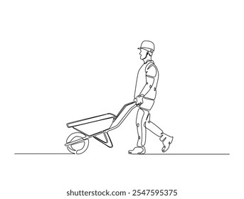Continuous line drawing art of worker walking with wheelbarrow. Man pushing wheelbarrow in single line draw with editable stroke.