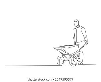 Continuous line drawing art of worker walking with wheelbarrow. Man pushing wheelbarrow in single line draw with editable stroke.