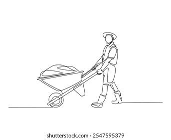 Continuous line drawing art of worker walking with wheelbarrow. Man pushing wheelbarrow in single line draw with editable stroke.