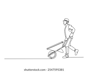 Continuous line drawing art of worker walking with wheelbarrow. Man pushing wheelbarrow in single line draw with editable stroke.
