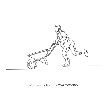 Continuous line drawing art of worker walking with wheelbarrow. Man pushing wheelbarrow in single line draw with editable stroke.