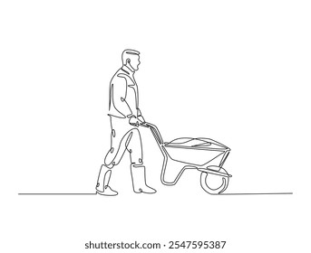 Continuous line drawing art of worker walking with wheelbarrow. Man pushing wheelbarrow in single line draw with editable stroke.