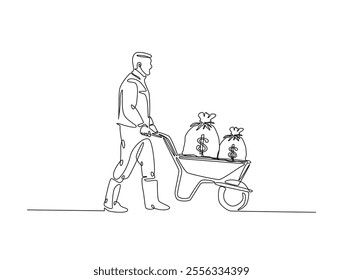 Continuous line drawing art of worker walking with money bag in wheelbarrow. workhard and finance concept. editable stroke.