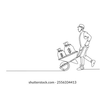 Continuous line drawing art of worker walking with money bag in wheelbarrow. workhard and finance concept. editable stroke.