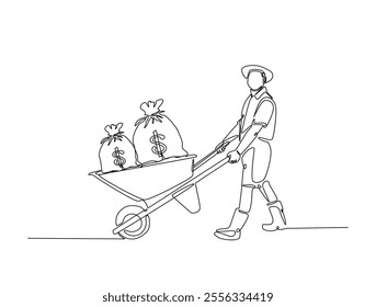 Continuous line drawing art of worker walking with money bag in wheelbarrow. workhard and finance concept. editable stroke.