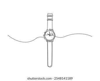 Continuous line drawing art of wristwatch with a strap. men's watch in single line draw with active stroke.