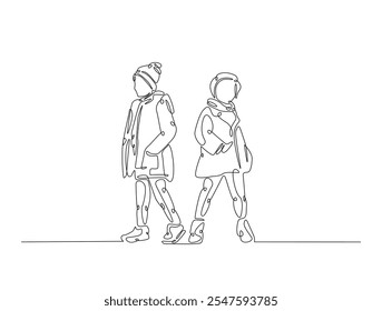 Continuous line drawing art of young boy wear jacket in winter season. winter fashion for kids concept.