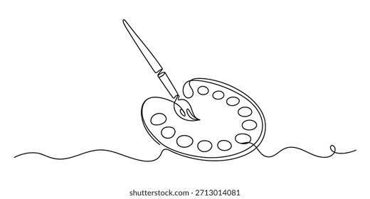 Desenho de linha contínua de uma paleta de artista e pincel, representando criatividade Vetor, ilustração