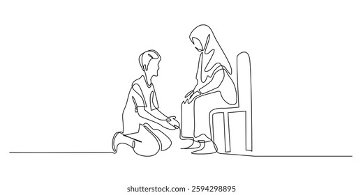 continuous line drawing of Asian man prostrating before mother.one line drawing of man apologizing to mother.portrait of man asking forgiveness of mother