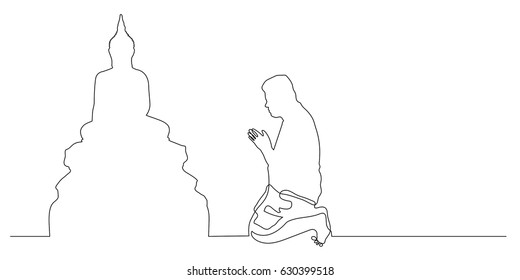 continuous line drawing of Asian man pay homage to Buddha statue, Buddhist respect, Hands folded in prayer concept for faith, spirituality and religion.