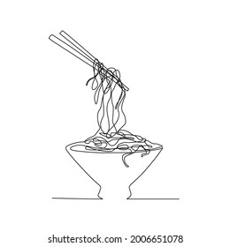 Continuous line drawing of asian noodle in the bowl. Ramen line art with active stroke. 