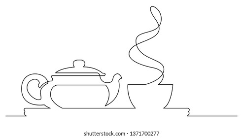 Continuous Line Drawing Of Asian Style Tea Pot And Cup Of Hot Drink
