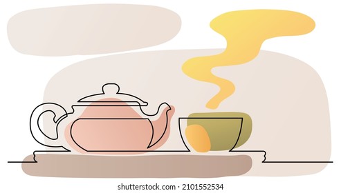 Continuous Line Drawing Of Asian Style Tea Pot And Cup