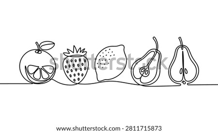 Continuous line drawing of assorted fruits including orange, strawberry, lemon and pear, minimalist single line art illustration symbolizing healthy eating, nutrition, freshness and natural lifestyle
