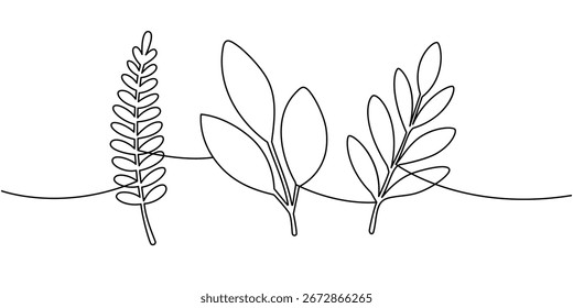 Continuous line drawing of assorted tropical leaves. Minimalist botanical art for elegant and modern decorative design